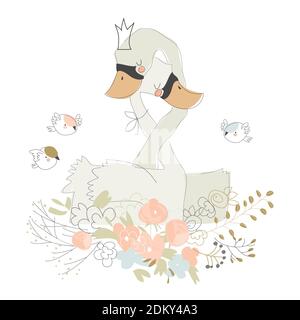 Carino cartone animato coppia di cigni abbracciando su fiori Illustrazione Vettoriale