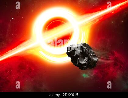 Campo gravitazionale di un buco nero, attrazione gravitazionale. Meteoriti e asteroidi in procinto di essere inghiottiti. Nuovi mondi e galassie. Nebulose Foto Stock