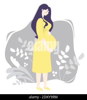 Maternità. Donna incinta felice in piena crescita in un vestito giallo, delicatamente la sua pancia. Si erge su uno sfondo grigio, decorato. Illustrazione vettoriale Illustrazione Vettoriale