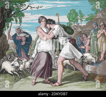 Old Testament. Jacob and Rachel at the well. Genesis. Chaper 29. Engraving by Julios Schorr von Carolsfeld (1794-1872). Later colouration. Foto Stock