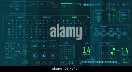 Una serie di elementi di calendari HUD per un'interfaccia futuristica. Illustrazione Vettoriale