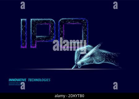 Moneta iniziale che offre il concetto di firma digitale IPO. Business Finance economy basso design stile poly. Mercato azionario lancio di azioni bancarie di offerta pubblica Illustrazione Vettoriale