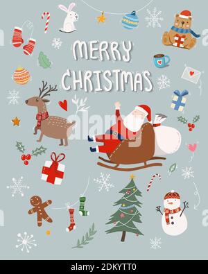 Carino cartone animato disegnato a mano di allegro biglietto d'auguri di Natale con ornamento di Natale decorativo isolato su sfondo blu. Illustrazione di Natale per Foto Stock