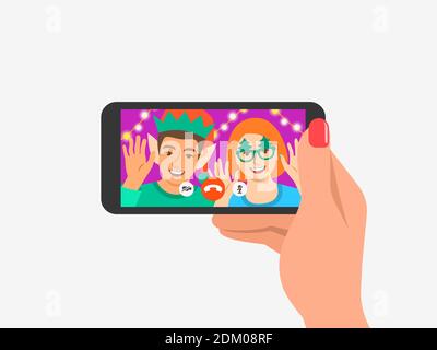 Festa di Natale e Capodanno con la videochiamata di amici di coppia. I giovani in costume si congratulano con gli altri tramite una videoconferenza online Illustrazione Vettoriale