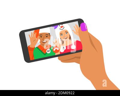 Festa di Natale e Capodanno con la videochiamata di amici di coppia. I giovani in costume si congratulano con gli altri tramite una videoconferenza online Illustrazione Vettoriale