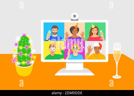 Festa di Capodanno con la videochiamata degli amici. I giovani bevono champagne e si congratulano l'uno con l'altro utilizzando l'app di videoconferenza online su co Illustrazione Vettoriale