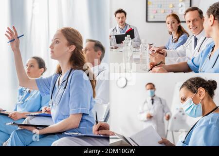 Collage di medici multietnici in maschere mediche che lavorano con lavagne e piegatrice di carta in clinica Foto Stock