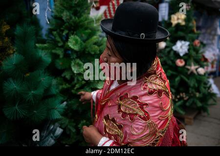 La Paz, Bolivia. 15 Dic 2020. Una donna in costume tradizionale cammina attraverso il mercatino di Natale, che è stato permesso di rimanere aperto nonostante la pandemia di Corona. Secondo i dati ufficiali, 147,345 persone sono state infettate da Covid-19 a livello nazionale in Bolivia. Il tasso di mortalità ufficiale è del 6.12%. Il governo di la Paz sta considerando misure anti-corona più severe a causa di un aumento del numero di persone infette. Credit: Radoslaw Czajkowski/dpa/Alamy Live News Foto Stock