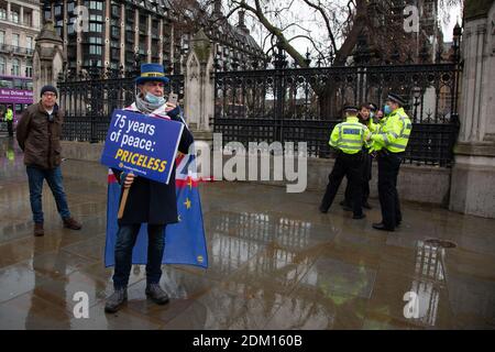 14. Dicembre 2020, Inghilterra, Londra: Il manifestante anti-Brexit Steven Bray protesta contro una Brexit senza accordo al di fuori delle Camere del Parlamento. --- in questo