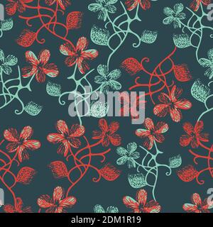 Modello vettoriale senza giunture di fiori astratti in stile pellicola negativo. Fiori rossi e blu su sfondo scuro. Design per carta da parati o tessuto. Illustrazione Vettoriale