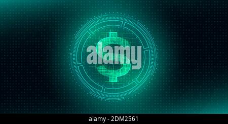 Valuta digitale USA simbolo del dollaro sulla base astratta della tecnologia HUD. Futuristico hi-tech digitale money.Electronic economia del futuro. Illustrazione vettoriale Illustrazione Vettoriale