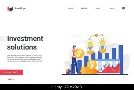 Personaggio imprenditore Cartoon detenere monete d'oro, scegliendo l'idea di business per investire, aumentando la ricchezza. Landing page sito web design di soluzioni di investimento illustrazione vettoriale Illustrazione Vettoriale