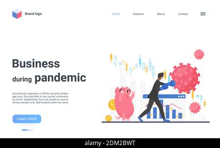 Cartoon businessman combatte, attacca corona virus covid-19, protegge la banca piggy dalla perdita di denaro. Landing page del concetto di crisi finanziaria pandemica, protezione del coronavirus per l'illustrazione del vettore di affari Illustrazione Vettoriale