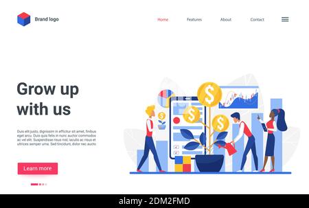 Sito web landing page design con cartoon piatto piccola impresa persone annaffiatura oro moneta denaro crescente pianta albero in vaso, investire denaro. Illustrazione del vettore di concetto di crescita dei profitti degli investimenti aziendali Illustrazione Vettoriale