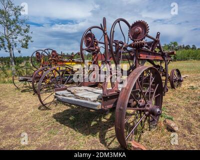 Vecchie attrezzature agricole, Swett Ranch National Historic Site, Flaming Gorge National Recreation Area vicino Dutch John, Utah. Foto Stock