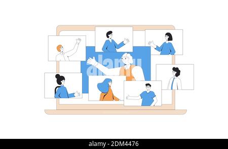 Videochiamata in conferenza. Riunione online. Comunicazione digitale. Persone che parlano tra loro sullo schermo del computer. L'uomo anziano ha conversazione con i giovani Illustrazione Vettoriale