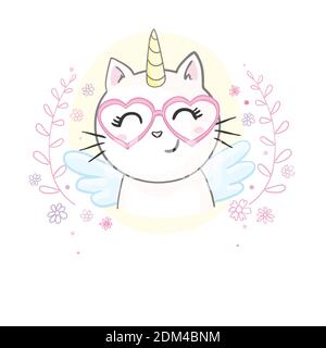 Gatto carino con un unicorno corno. Può essere utilizzato per adesivi, patch, custodia per telefono, poster, t-shirt. Illustrazione Vettoriale