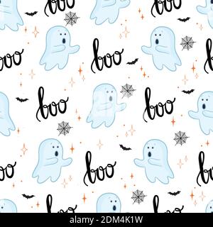 Sfondo di Halloween. Pattern senza cuciture di simpatici fantasmi cartoni animati. Illustrazione Vettoriale