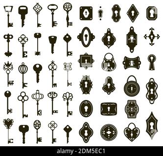Chiavi e fori per chiave. Chiavi e toppa vintage per la casa, sagome decorative per le chiavi, set di illustrazioni vettoriali. Scheletro di chiavi antiche e moderne Illustrazione Vettoriale