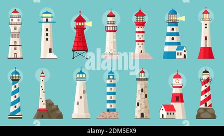 Edificio con faro rotante. Fari con proiettore, torre costiera di navigazione marina. Serie di illustrazioni vettoriali per torri con architettura Searchlight Illustrazione Vettoriale