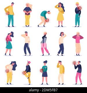 Persone in dolore. Soffre di dolore di caratteri maschili e femminili, mal di testa, stomaco, mal di schiena. Illustrazioni vettoriali delle aree dolorose Illustrazione Vettoriale