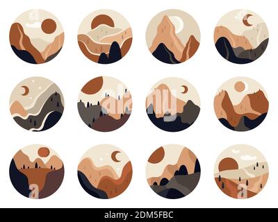 Vista panoramica sulle montagne. Paesaggi minimalisti contemporanei, paesaggi naturali all'aperto. Set di illustrazioni vettoriali di paesaggi astratti disegnati a mano Illustrazione Vettoriale