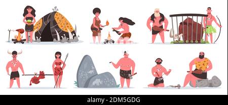 Personaggi preistorici. Scene di vita Caveman, grotta e capanna in età sasso. Caccia, cucina e raccolta di illustrazioni vettoriali di persone primitive Illustrazione Vettoriale
