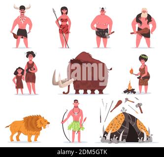 Personaggi dell'età della pietra. Caveman, personaggi primitivi, animali antichi e armi strumento. Set di illustrazioni vettoriali del periodo preistorico primitivo Illustrazione Vettoriale