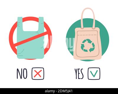 Sacchetti di plastica ed eco. Inquinamento problema di politene, dire no a sacchetti di plastica, smettere di usare sacchetto di cellophane. Nessuna illustrazione vettoriale concettuale in plastica Illustrazione Vettoriale