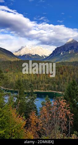 The Fernpass at Blindsee with a view of the Zugspitze Stock Photo