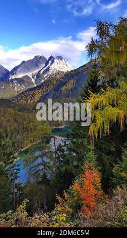 The Fernpass at Blindsee with a view of the Zugspitze Stock Photo