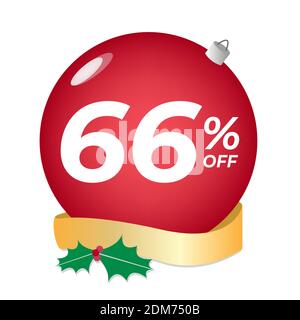 66% di sconto. Sessantasei per cento di sconto. Banner di vendita di Natale. Bolla rossa con ornamenti su un vettore di sfondo bianco. Illustrazione Vettoriale