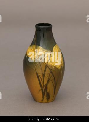 Vase, Rookwood Pottery, cucina americana, 1880 - 1967, Joseph Bailey Sr., cucina americana, d.. 1898, terracotta smaltata, corpo in argilla bianca, colata. Corpo ovoide, decorato con due aironi che volano lungo i rush. Uccelli in slip bianco sottobosco (appaiono gialli) e arrugna in verde. Su uno sfondo ombreggiato di ocra, verde foresta, verde salvia, marrone e rustet. Smalto giallo complessivo. Fondo e interno smaltato., 1894, ceramica, arti decorative, vaso, vaso Foto Stock