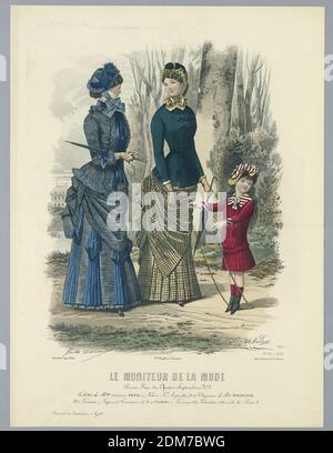 Piatto di moda da le Moniteur de la Mode, A. Bodin, francese, attivo 19 ° c., Jules David, francese, 1808 - 1892, Abel Goubaud et Fils, francese, attivo 19 ° c., incisione, pennello e acquerello su carta, due donne a piedi nel bosco, con un bambino in rosso con un jumprope. Una casa oltre, a sinistra. Nome e data degli artisti e dell'editore riportati di seguito. Description on verso., England, 1882, Print Foto Stock