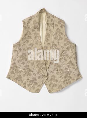 Gilet, Medium: Seta tecnica: Tessitura composita, gilet Gentleman con lunghi lapelli in seta color crema tessuta con un disegno di strisce sottili e rami fioriti dell'albero in tan, azzurro e nero., 19 ° secolo, costume & accessori, gilet Foto Stock