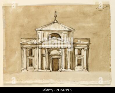 Elevazione di una Chiesa per Monte Vergine, Giuseppe Barberi, 1746–1809, penna e inchiostro marrone, pennello e lavaggio marrone, grafite su carta lignea biancastra, schema a croce con cupola. Quattro colonne annegate sostengono l'entablatura e un frontone triangolare nella sezione centrale della facciata; è fiancheggiata da baie con due finestre in fila verticale., Roma, Italia, 1784, architettura, disegno Foto Stock