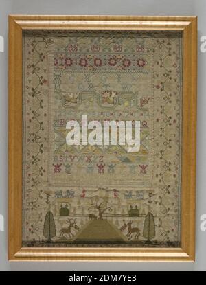 Campionatore, Sarah Phillips, Medium: Ricamo di seta su fondazioni di lino tecnica: Ricamo su tessitura piana, alfabeti e numeri con bordi geometrici orizzontali, e in fondo un poggio con alberi e cervi; bordo di vite stagliato., Inghilterra, 1742, ricamo e cucito, Sampler Foto Stock