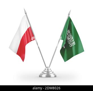 Bandiere da tavolo isolate in 3D bianco per Arabia Saudita e Polonia rendering Foto Stock