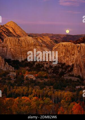 Moonrise at City of Rocks National Reserve near Almo, Idaho. Popular rock climbing mecca. Stock Photo