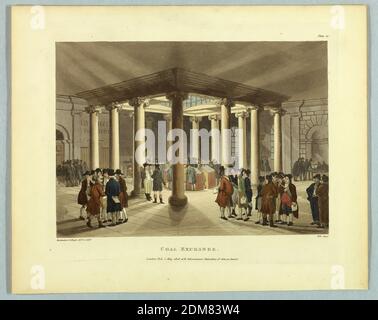 Coal Exchange, dal 'Ackermann's Repository', Thomas Rowlandson, British, 1756–1827, Augustus Charles Pugin, francese, attivo Gran Bretagna, ca. 1762–1832, John Hill, British, attivo negli Stati Uniti, 1770 - 1850, Aquatint, pennello e acquerelli su carta, grande stanza con centro squadrato da colonne ioniche. Uomini in gruppi che parlano, ciascuno con penna e carta in mano. Titolo, artisti e nomi degli editori qui sotto., Europa, Londra, Inghilterra, 1808, Stampa Foto Stock