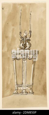 Tavolo con candelabro, Giuseppe Barberi, italiano, 1746–1809, penna e inchiostro marrone, pennello e lavaggio marrone su carta lesa biancastra, foderata, il tavolo curvo è probabilmente un tavolo da console. Le gambe sono composte da tre gaines con un piede leone e una maschera femminile sopra, il corpo è scanalato. Sono collegati sotto da tavole, sopra da festoni. Sopra, il candelabro. L'albero è circondato da aquile. Sopra è una lampada ad olio che brucia da cui due rami molle nella forma del collo e la testa di un serpente che sostiene con la bocca la candela che brucia. Sfondo usuale. Foto Stock