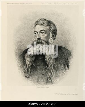 Ritratto di Jean Louis Ernest Meissonier, Charles Courtry, francese, 1846 - 1897, incisione su carta, ritratto di Bust length del pittore francese, Jean Louis Ernest Meissonier (1815-1891), indossando una barba che scorre in due lunghi ruscelli, il suo sguardo rivolto a sinistra. Viene mostrato rivolto frontalmente. Il nome del sitter qui sotto, e in alto, il nome dell'editore., Francia, 1884, Stampa Foto Stock