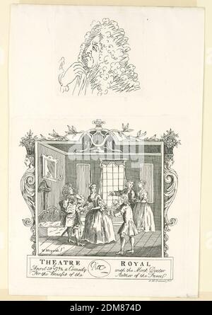Un biglietto per Theatre Royal; Male caricature, William Hogarth, inglese, 1697 - 1764, IRLANDA, incisione su carta, Belot, una scena con due donne e tre uomini in un salone. Tutti sono in piedi. Incorniciato da Hermes a sinistra e a destra, da ramoscelli e una lira sul margine superiore. Sopra, disegno caricaturale di un uomo con una parrucca in vista laterale rivolta a sinistra. Mezza lunghezza, Inghilterra, 1732-1794, Stampa Foto Stock
