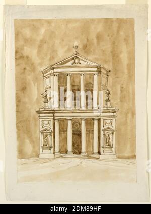 Elevazione di una chiesa, Giuseppe Barberi, italiano, 1746–1809, penna e inchiostro marrone, pennello e lavaggio marrone su carta lignea biancastra, Roma, Italia, 1746-1809, architettura, disegno Foto Stock