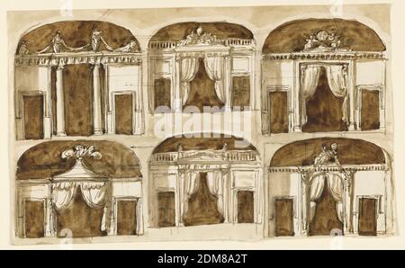 Sei disegni per alture Alcove, Giuseppe Barberi, italiano, 1746–1809, penna e inchiostro marrone, pennello e lavaggio marrone su carta lesa biancastra, foderata, ciascuno con un ingresso centrale e due laterali inferiori. La parte inferiore del soffitto è a volta. Fila sinistra, sopra: Accanto all'apertura centrale sono presenti due colonne ioniche; lateralmente sono presenti aperture di porte in pareti in qualche modo sporgenti; sopra è presente un'entablatura con, in alto, figure. Figure che si stendono sopra le colonne e puti seduti alle estremità, collegati da festoni. Sotto: L'apertura centrale ha la forma di quella in una tenda circolare Foto Stock
