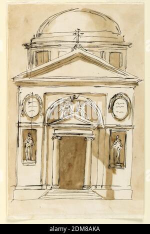 Elevazione di una chiesa, Giuseppe Barberi, italiano, 1746–1809, penna e inchiostro marrone, pennello e lavaggio marrone su carta lignea biancastra, Roma, Italia, 1746-1809, architettura, disegno Foto Stock