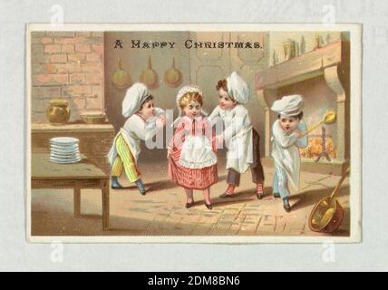 Saluto di Natale, Chromolithograph su carta, i bambini sono visti occupati in una cucina. Sono vestiti come tre cuochi e una cameriera della cucina. In alto: 'Un buon Natale'., Stati Uniti, ca. 1890, biglietto d'auguri, biglietto d'auguri Foto Stock