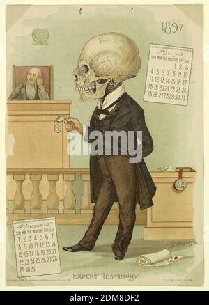 Calendario di Antikamnia, luglio e agosto 1897: Testimonianza esperta, Louis Crusius, americano, 1862 - 1898, Louis Crusius, americano, 1862 - 1898, Chromolithograph su carta con rilegatura a corda, luglio e agosto, 1897., New York, New York, USA, 1896, grafica, Calendario, Calendario Foto Stock