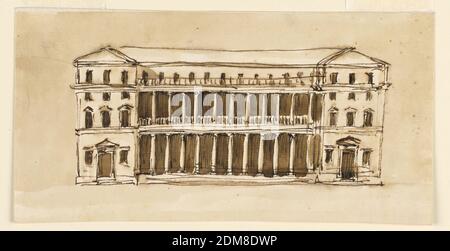 Elevazione di un palazzo comunale, Giuseppe Barberi, italiano, 1746–1809, penna e inchiostro marrone, pennello e lavaggio marrone su carta lignata biancastra, due colonnati di dodici spazi intercolonnari ciascuno e con una balaustra o una ringhiera in cima stand prima dei piani inferiori della sezione centrale. Collegano le ali laterali sporgenti, che hanno tre baie e quattro piani, una mansarda sopra il piano principale incluso. Porte con frontoni triangolari conducono alle ali. Sfondo colorato., Roma, Italia, 1795-1800, architettura, disegno Foto Stock