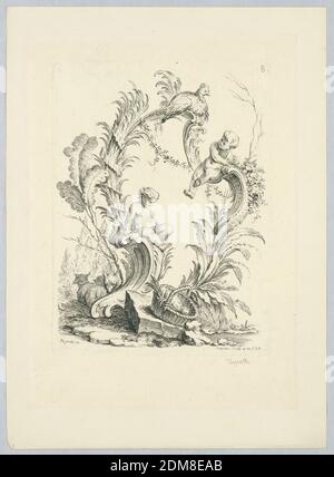 Carrollwork e Cartouche vegetal in Landscape, Plate B, Alexis Peyrotte, French, 1699–1769, Gabriel Huquier, French, 1695–1772, incisione su carta, lavori di scorrimento e Cartouche vegetal in Landscape, Plate B, France, ca. 1740, Stampa Foto Stock